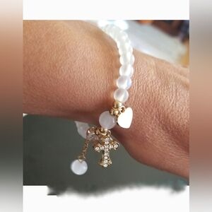 White Beaded Cross Bracelet Faith & Love Devotional Jewelry